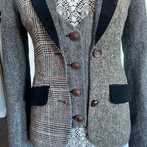 VTG Anthropologie Cartonnier Alma Mater Patchwork Herringbone Blazer Jacket.Sz 2 - Picture 3 of 10